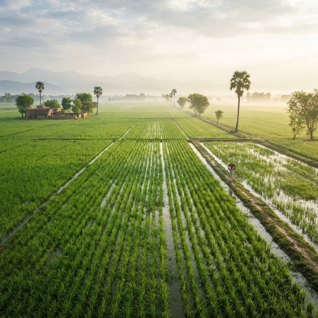 Lush green basmati paddy fields in northern India at golden hour